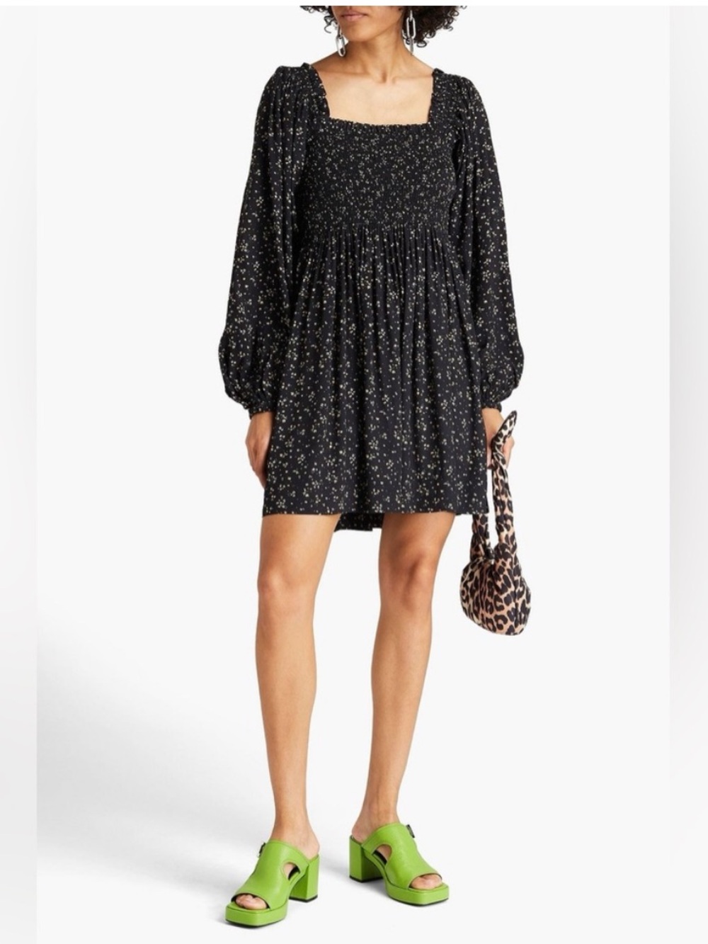 Ganni Black Floral Shirred Mini Dress